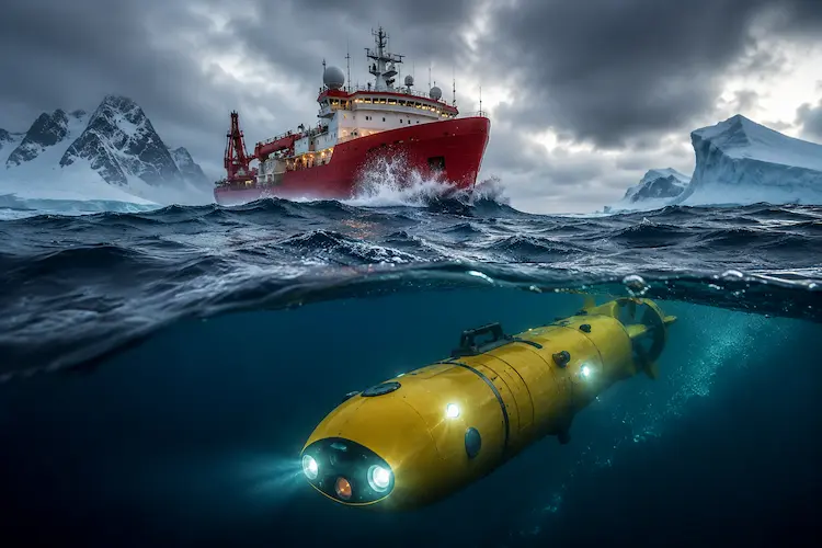 Fotografia fotorrealista e cinematogr&aacute;fica no oceano Ant&aacute;rtico, mostrando um moderno drone subaqu&aacute;tico aut&ocirc;nomo (AUV) amarelo brilhante com sensores luminosos mergulhando nas &aacute;guas turbulentas e geladas. Ao fundo, um grande navio quebra-gelo de pesquisa vermelho enfrenta ondas gigantescas perto de icebergs sob um c&eacute;u dram&aacute;tico. Sem texto.
