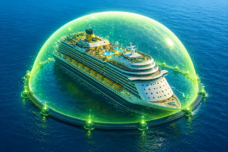 Ilustra&ccedil;&atilde;o 3D isom&eacute;trica de um enorme navio de cruzeiro flutuando em um oceano calmo, coberto por uma grande c&uacute;pula transl&uacute;cida de quarentena com brilho verde neon. O navio possui m&uacute;ltiplos andares detalhados, &aacute;reas de lazer e ilumina&ccedil;&atilde;o vibrante em tons amarelos e azuis. A &aacute;gua reflete a luz da barreira energ&eacute;tica, criando uma atmosfera futurista e estilizada.