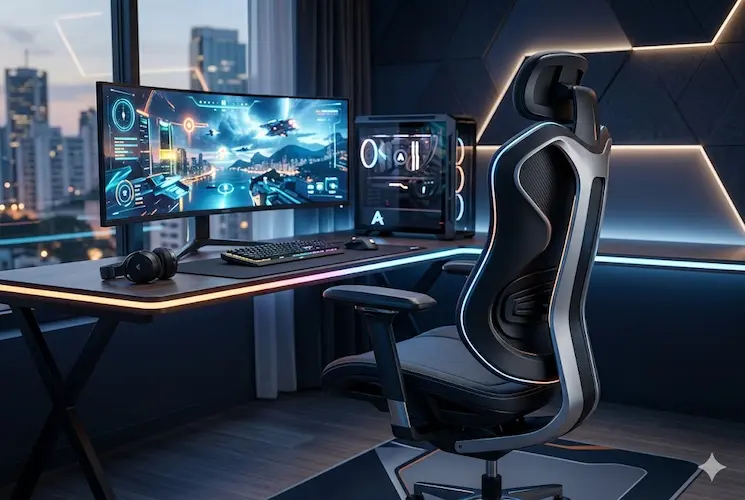 Fotografia fotorrealista ilustrando uma das melhores cadeiras gamer no Brasil em 2026 num setup moderno e ergon&oacute;mico. Em primeiro plano, destaca-se a cadeira futurista de alta tecnologia, em tons escuros com detalhes em prateado e ilumina&ccedil;&atilde;o LED azul e laranja integrada, evidenciando o encosto de cabe&ccedil;a e o apoio lombar. Ao fundo, uma secret&aacute;ria com luzes RGB, um computador torre brilhante e um monitor curvo ultrawide a exibir um jogo de fic&ccedil;&atilde;o cient&iacute;fica, com a silhueta de uma cidade brasileira ao anoitecer vista pela janela &agrave; esquerda.