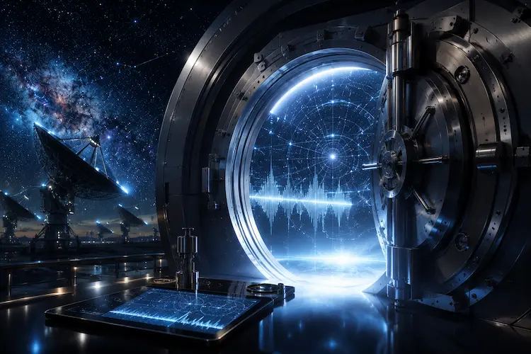Imagem cinematogr&aacute;fica e fotorrealista para um blog de ci&ecirc;ncia e tecnologia. Uma porta de cofre met&aacute;lica maci&ccedil;a e de alta tecnologia est&aacute; levemente aberta, emitindo uma luz azul e branca brilhante e et&eacute;rea de seu interior. Dentro do cofre, s&atilde;o vis&iacute;veis formas de onda de sinais de r&aacute;dio hologr&aacute;ficos em 3D e um mapa estelar complexo e brilhante. Em primeiro plano, uma mesa de laborat&oacute;rio escura e elegante com um tablet digital exibindo gr&aacute;ficos de frequ&ecirc;ncia brilhantes e padr&otilde;es astron&ocirc;micos. O fundo apresenta a silhueta de um conjunto de radiotelesc&oacute;pios gigantes contra um c&eacute;u noturno de espa&ccedil;o profundo cheio de estrelas e nebulosas distantes. Ilumina&ccedil;&atilde;o de est&uacute;dio profissional, resolu&ccedil;&atilde;o 8k, foco n&iacute;tido, absolutamente nenhum texto, nenhuma letra, nenhuma palavra.