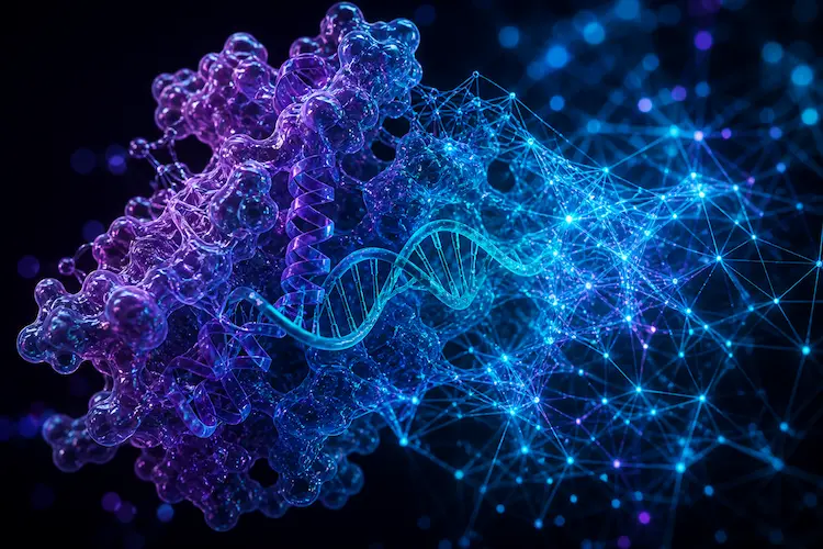 Renderiza&ccedil;&atilde;o macro 3D altamente detalhada mostrando uma mol&eacute;cula proteica org&acirc;nica e transl&uacute;cida se fundindo gradualmente com uma rede neural digital brilhante. &Agrave; esquerda, estruturas biomoleculares em tons roxos e azulados apresentam apar&ecirc;ncia gelatinosa e semitransparente. &Agrave; direita, uma malha tecnol&oacute;gica composta por n&oacute;s luminosos e conex&otilde;es de fibra &oacute;ptica em azul ciano e neon cria uma rede de intelig&ecirc;ncia artificial. No centro, uma h&eacute;lice semelhante ao DNA conecta os elementos biol&oacute;gicos e digitais. O fundo escuro desfocado, com ilumina&ccedil;&atilde;o cinematogr&aacute;fica e profundidade de campo, refor&ccedil;a a atmosfera futurista de laborat&oacute;rio avan&ccedil;ado e a integra&ccedil;&atilde;o entre biologia molecular e IA.