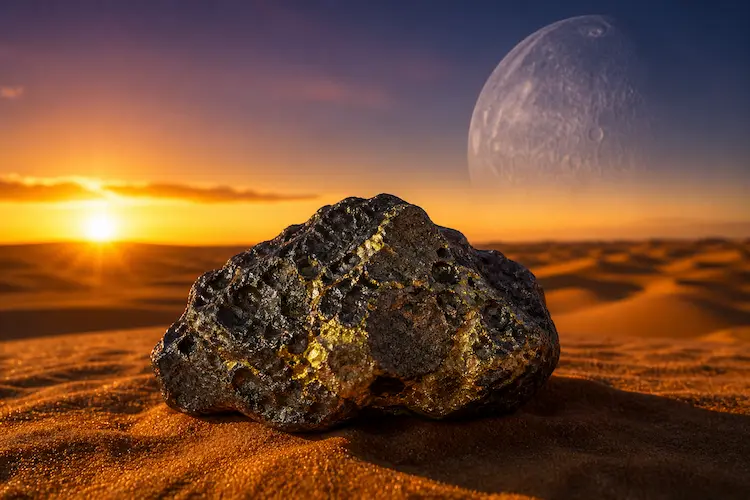 Macrofotografia hiper-realista de um fragmento de meteorito escuro repousando sobre a areia ondulada do Deserto do Saara ao p&ocirc;r do sol. A rocha apresenta superf&iacute;cie porosa e irregular, com veios minerais brilhantes em tons amarelo-enxofre refletindo a luz dourada da &ldquo;golden hour&rdquo;. A areia alaranjada ao redor exibe textura fina e sombras longas criadas pela ilumina&ccedil;&atilde;o baixa do horizonte. Ao fundo, o c&eacute;u crepuscular mistura tons quentes e azulados, enquanto um planeta transl&uacute;cido semelhante a Merc&uacute;rio surge de forma sutil e majestosa, com crateras vis&iacute;veis pairando acima do deserto. A profundidade de campo destaca o meteorito em primeiro plano, criando um visual cient&iacute;fico e cinematogr&aacute;fico de alta resolu&ccedil;&atilde;o.