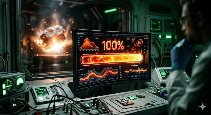 Visor digital de um laborat&oacute;rio cient&iacute;fico exibindo uma barra de progresso incandescente em 100 por cento, com um fragmento de meteorito brilhando intensamente sob calor extremo dentro de uma c&acirc;mara de conten&ccedil;&atilde;o ao fundo.