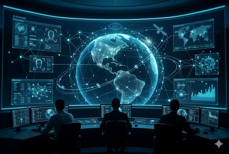Fotografia cinematogr&aacute;fica fotorrealista de um centro de comando de alta tecnologia. Tr&ecirc;s operadores observam uma tela curva gigante que exibe um globo terrestre digital envolto em redes de dados luminosas. A interface apresenta janelas de reconhecimento facial, gr&aacute;ficos anal&iacute;ticos e mapeamento por sat&eacute;lite em tons de azul neon, representando visualmente a infraestrutura de monitoramento via IA e o sistema de controle global em um ambiente de seguran&ccedil;a futurista.