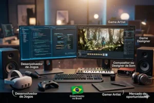 Estação de trabalho profissional e fotorrealista para o mercado de games. A imagem apresenta dois monitores modernos: o da esquerda exibe linhas de código e lógica de programação (desenvolvedor de jogos), enquanto o da direita mostra um cenário de floresta 3D detalhado (game designer). Sobre a mesa, encontram-se diversos equipamentos técnicos de alta tecnologia, incluindo um headset de realidade virtual (VR), comando de consola, mesa digitalizadora para gamer artist, teclado MIDI para compositor de som e colunas profissionais. Rótulos flutuantes identificam as diferentes carreiras do setor, e uma pequena bandeira do Brasil destaca o crescimento no mercado nacional. A iluminação é quente e cinematográfica, transmitindo um ambiente de inovação e criatividade técnica.