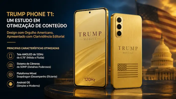 Dois smartphones premium dourados &ldquo;Trump Phone T1&rdquo; em est&uacute;dio: um exibindo a tela AMOLED com indica&ccedil;&atilde;o de 120Hz e outro mostrando a traseira com acabamento em metal escovado e c&acirc;mera tripla vertical; ao lado, layout editorial em portugu&ecirc;s com caracter&iacute;sticas do aparelho; fundo em azul escuro com elementos dourados e refer&ecirc;ncia ao Capit&oacute;lio dos EUA.
