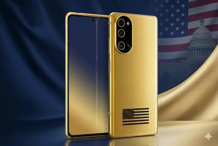 Smartphone Trump Phone T1 em acabamento premium de metal dourado escovado, exibindo o m&oacute;dulo de c&acirc;mera tripla vertical e o detalhe gravado da bandeira dos Estados Unidos na parte traseira, sobre um fundo elegante em azul marinho e dourado com elementos sutis do Capit&oacute;lio.
