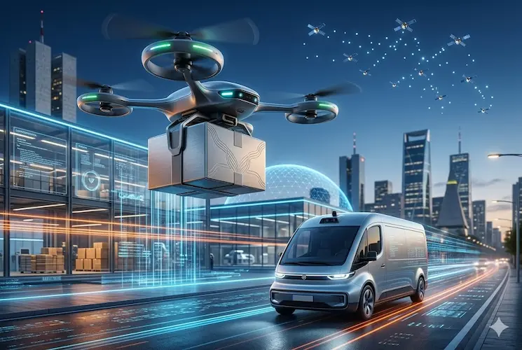 Centro de distribui&ccedil;&atilde;o futurista em 2026 com drones de entrega, van el&eacute;trica aut&ocirc;noma e sat&eacute;lites de &oacute;rbita baixa iluminando o c&eacute;u de uma metr&oacute;pole brasileira, representando a tecnologia log&iacute;stica avan&ccedil;ada.