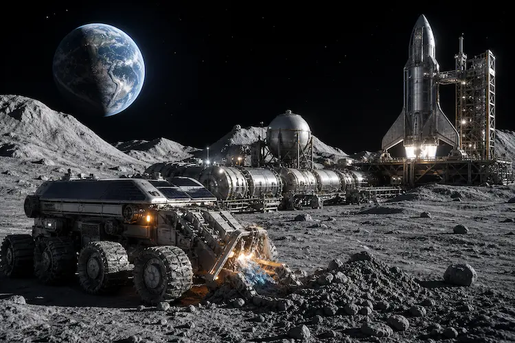 Cena fotorrealista de minera&ccedil;&atilde;o lunar no polo sul da Lua: em primeiro plano, um rover minerador robusto de seis rodas escava o regolito cinzento, com detalhes em metal escovado, poeira lunar e brilhos t&eacute;rmicos azulados e alaranjados. Ao fundo, uma grande base modular com tanques criog&ecirc;nicos e uma plataforma de lan&ccedil;amento sustenta uma nave cargueira futurista pronta para decolar. No horizonte, a Terra aparece brilhante contra o c&eacute;u negro do espa&ccedil;o, enquanto a ilumina&ccedil;&atilde;o de alto contraste destaca a engenharia e o ambiente extremo.