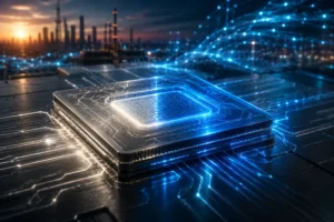 Microchip futurista ultradetalhado sobre uma superfície metálica escura, emitindo luz branca em um lado e energia neon azul no outro. Trilhas digitais brilhantes percorrem o chip e se conectam ao ambiente ao redor. Ao fundo, uma skyline industrial moderna desfocada ao entardecer mistura tons quentes e frios, enquanto fluxos de dados holográficos atravessam a cena em estilo cyberpunk cinematográfico.