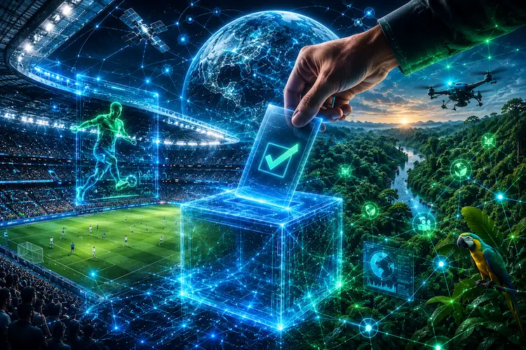Ilustra&ccedil;&atilde;o futurista em estilo cyberpunk mostrando um est&aacute;dio de futebol de alta tecnologia conectado a uma floresta amaz&ocirc;nica digitalizada. No centro, uma m&atilde;o insere um voto hologr&aacute;fico em uma urna transparente iluminada em neon azul. Fluxos de dados conectam o est&aacute;dio, a urna e a floresta por meio de redes digitais verdes e azuis. Drones, sat&eacute;lites e hologramas tecnol&oacute;gicos aparecem ao fundo, criando uma atmosfera futurista, cinematogr&aacute;fica e ultradetalhada.