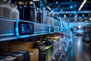 Close-up hiper-realista de uma etiqueta eletrônica inteligente brilhando em azul neon presa a uma prateleira metálica de supermercado moderno. Produtos premium organizados aparecem ao redor, enquanto ao fundo desfocado surgem linhas digitais e conexões holográficas representando inteligência artificial integrada ao ambiente da loja. A cena possui iluminação cinematográfica em tons frios e estética tecnológica corporativa futurista.