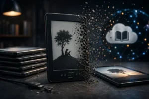Leitor digital antigo em destaque sobre uma mesa escura, com parte do dispositivo se desintegrando em fragmentos digitais, simbolizando obsolescência tecnológica. Ao redor, outros e-readers empilhados e um tablet moderno iluminado representam a transição do ecossistema de leitura digital. Ao fundo, conexões holográficas azuis e um ícone de nuvem criam uma atmosfera futurista e cinematográfica.