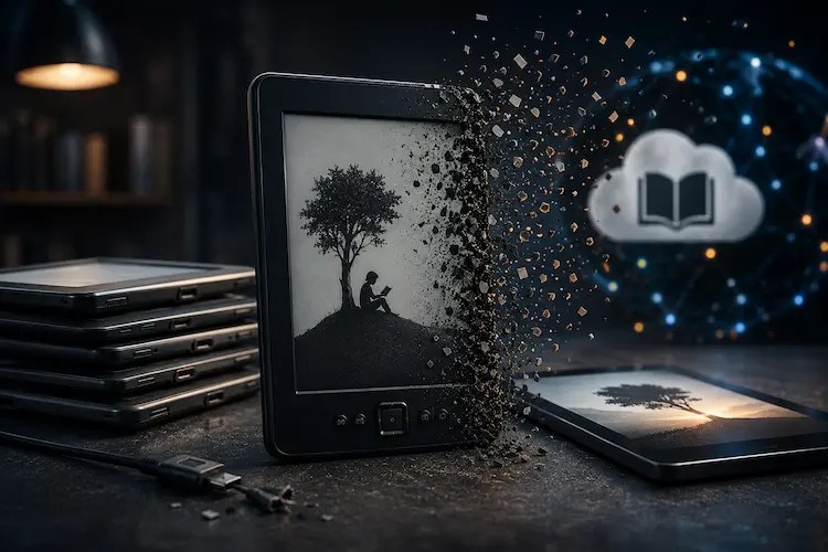 Leitor digital antigo em destaque sobre uma mesa escura, com parte do dispositivo se desintegrando em fragmentos digitais, simbolizando obsolesc&ecirc;ncia tecnol&oacute;gica. Ao redor, outros e-readers empilhados e um tablet moderno iluminado representam a transi&ccedil;&atilde;o do ecossistema de leitura digital. Ao fundo, conex&otilde;es hologr&aacute;ficas azuis e um &iacute;cone de nuvem criam uma atmosfera futurista e cinematogr&aacute;fica.