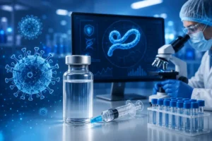 Laboratório moderno de alta tecnologia com cientista utilizando microscópio, frasco de vacina, seringa e tubos de ensaio, enquanto uma tela digital exibe análises de vírus relacionadas a testes de nova vacina contra variante rara do Ebola.