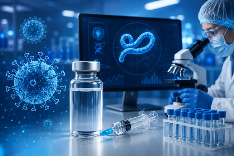 Laborat&oacute;rio moderno de alta tecnologia com cientista utilizando microsc&oacute;pio, frasco de vacina, seringa e tubos de ensaio, enquanto uma tela digital exibe an&aacute;lises de v&iacute;rus relacionadas a testes de nova vacina contra variante rara do Ebola.