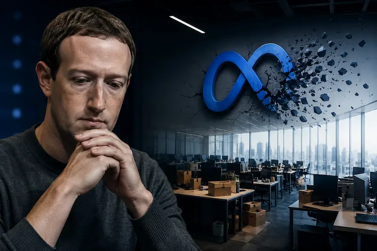 Executivo de tecnologia com express&atilde;o preocupada em primeiro plano, diante de escrit&oacute;rio corporativo parcialmente vazio e s&iacute;mbolo digital fragmentado, representando os riscos e impactos de uma grande reestrutura&ccedil;&atilde;o no setor de big techs.