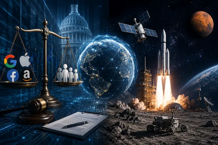 Ilustra&ccedil;&atilde;o futurista mostrando equil&iacute;brio entre regula&ccedil;&atilde;o de grandes empresas de tecnologia e avan&ccedil;os da explora&ccedil;&atilde;o espacial, com foguete em lan&ccedil;amento, sat&eacute;lites, planeta ao fundo e s&iacute;mbolos de governan&ccedil;a digital conectados ao globo terrestre.