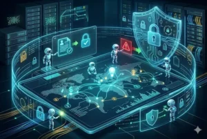 Ilustração futurista de agentes de inteligência artificial a proteger operações bancárias globais. A cena mostra pequenos robôs a interagir com um mapa holográfico, escudos de cibersegurança e cadeados luminosos azuis, num ambiente de servidores de dados tecnológicos.
