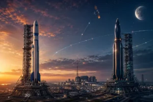 Dois foguetes modernos em plataformas de lançamento ao entardecer, com satélites em órbita, Lua ao fundo e centro espacial futurista.