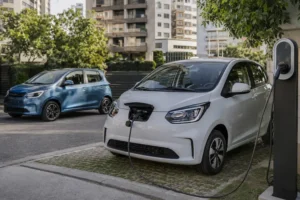 Carro elétrico compacto sendo carregado em estação urbana, com outro veículo elétrico ao fundo e prédios residenciais em ambiente arborizado.