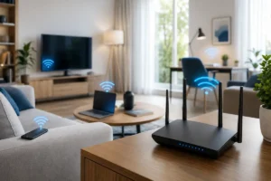 Roteador Wi-Fi sobre um móvel em sala moderna, distribuindo sinal para notebook, televisão, celular e área de home office.
