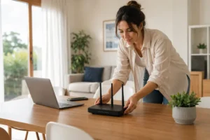 Pessoa ajustando um roteador Wi-Fi sobre uma mesa, com notebook e celular ao fundo, para melhorar a internet em casa.