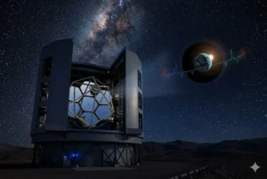 Fotografia realista do Telescópio Gigante de Magalhães (GMT) operando à noite com a cúpula aberta sob o céu estrelado da Via Láctea. À direita, uma projeção holográfica de um exoplaneta rochoso semelhante à Terra orbitando uma estrela, atravessado por uma linha de espectroscopia luminosa simulando um batimento biológico, representando a busca por biosignaturas químicas no espaço.