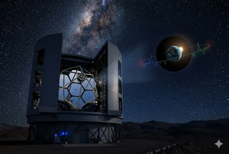 Fotografia realista do Telesc&oacute;pio Gigante de Magalh&atilde;es (GMT) operando &agrave; noite com a c&uacute;pula aberta sob o c&eacute;u estrelado da Via L&aacute;ctea. &Agrave; direita, uma proje&ccedil;&atilde;o hologr&aacute;fica de um exoplaneta rochoso semelhante &agrave; Terra orbitando uma estrela, atravessado por uma linha de espectroscopia luminosa simulando um batimento biol&oacute;gico, representando a busca por biosignaturas qu&iacute;micas no espa&ccedil;o.