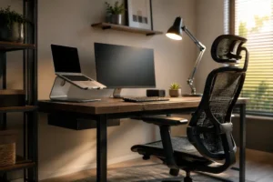 Fotografia fotorrealista de um home office moderno, econômico e acolhedor. Em destaque, uma cadeira ergonômica preta com encosto em tela mesh, posicionada à frente de uma mesa de estilo industrial com tampo de madeira. Sobre a mesa, há um notebook em um suporte, um monitor secundário e uma pequena planta. O ambiente recebe iluminação natural suave por uma janela lateral, compondo um cenário de trabalho produtivo, organizado e focado em ergonomia. Sem texto verbal.