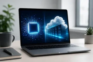 comparação visual entre inteligência artificial local no notebook e processamento de IA na nuvem.