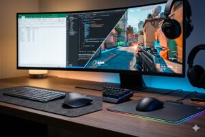 Fotografia fotorrealista de uma mesa moderna focada em produtividade e jogos. Em primeiro plano, um mouse sem fio ergonômico de acabamento premium voltado para o trabalho. Ao fundo, levemente desfocado, um mouse gamer de alta performance com design aerodinâmico e iluminação RGB sutil. Os periféricos estão sobre um mousepad escuro, sob uma iluminação cinematográfica que mistura luz natural com tons neon de azul e laranja, destacando a ausência total de cabos.