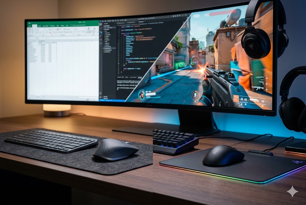 Fotografia fotorrealista de uma mesa moderna focada em produtividade e jogos. Em primeiro plano, um mouse sem fio ergonômico de acabamento premium voltado para o trabalho. Ao fundo, levemente desfocado, um mouse gamer de alta performance com design aerodinâmico e iluminação RGB sutil. Os periféricos estão sobre um mousepad escuro, sob uma iluminação cinematográfica que mistura luz natural com tons neon de azul e laranja, destacando a ausência total de cabos.