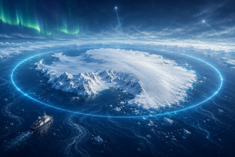 Antártida vista do alto, cercada por um anel luminoso que marca o paralelo 60 Sul, com navio de pesquisa no Oceano Austral.