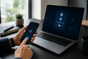 Pessoa desbloqueando um celular por biometria ao lado de um notebook com tela de login abstrata em uma mesa limpa e moderna, representando segurança digital.