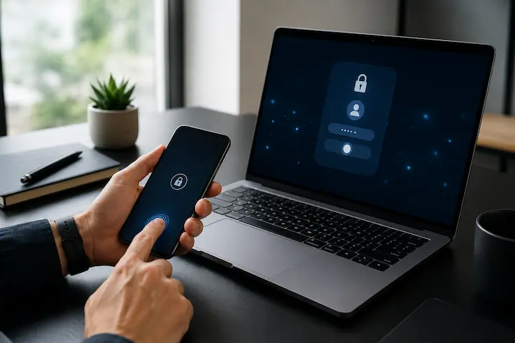 Pessoa desbloqueando um celular por biometria ao lado de um notebook com tela de login abstrata em uma mesa limpa e moderna, representando seguran&ccedil;a digital.