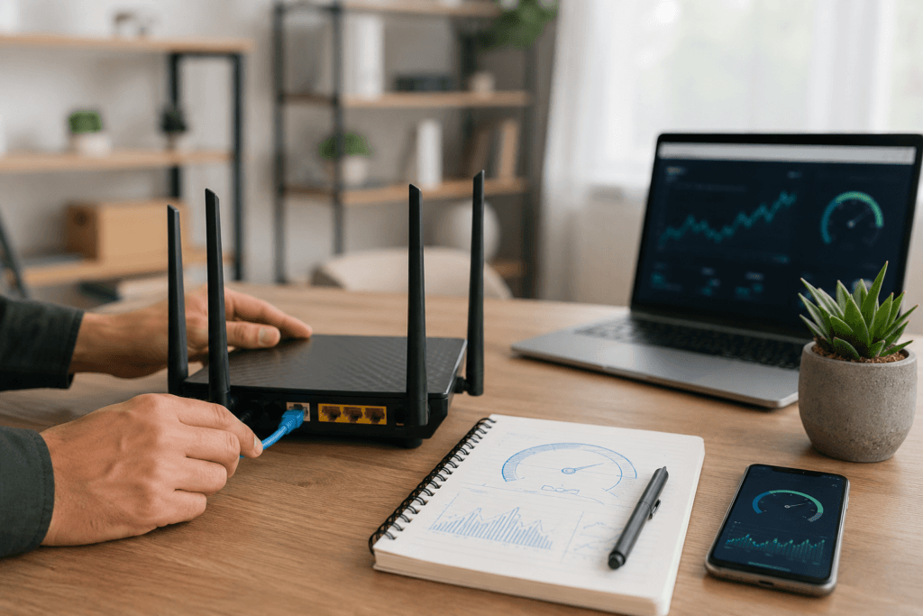 Pessoa conectando cabo Ethernet em roteador Wi-Fi sobre mesa de trabalho, com notebook e celular exibindo gr&aacute;ficos de conex&atilde;o ao fundo.
