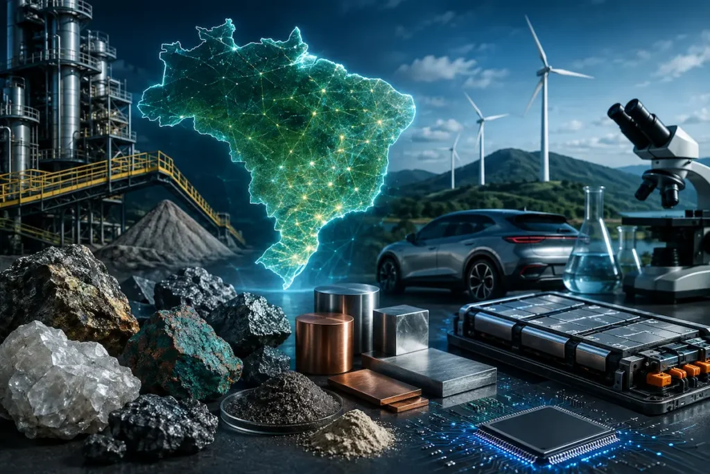 Minerais críticos ao lado de bateria, microchip, veículo elétrico, turbinas eólicas e mapa digital do Brasil.