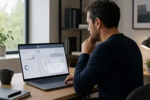 Pessoa revisando dados em um notebook antes de enviar informações para um chatbot de IA, em ambiente profissional limpo e discreto.