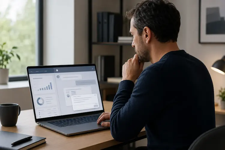 Pessoa revisando dados em um notebook antes de enviar informa&ccedil;&otilde;es para um chatbot de IA, em ambiente profissional limpo e discreto.