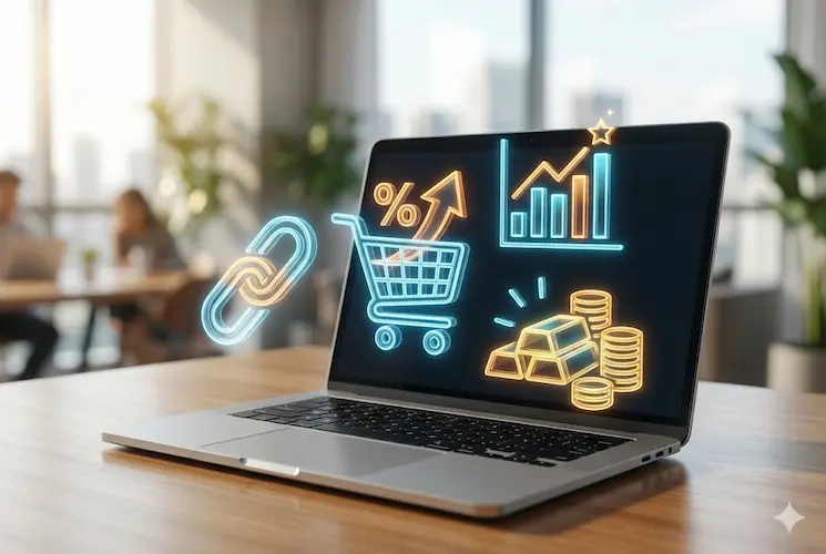 Ilustração digital fotorrealista de um notebook moderno aberto sobre uma mesa de madeira em um escritório iluminado. Flutuando em frente à tela, há ícones digitais luminosos em neon azul e laranja: um símbolo de link, um carrinho de compras com um símbolo de porcentagem e seta de crescimento, um gráfico de barras financeiro em alta e uma pilha de barras de ouro com moedas. A composição simboliza métricas, links de indicação e os lucros gerados no mercado de afiliados digitais.