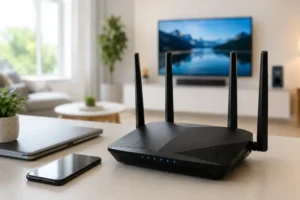 roteador moderno distribuindo Wi-Fi para notebook, celular e TV em uma casa conectada.