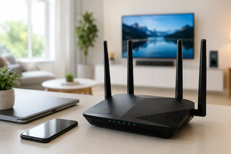 roteador moderno distribuindo Wi-Fi para notebook, celular e TV em uma casa conectada.