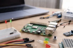 placa Raspberry Pi em uma bancada maker com protoboard, LEDs e cabos para projeto iniciante.