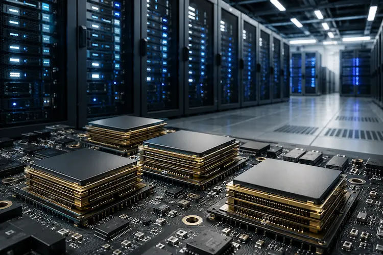 Chips de mem&oacute;ria HBM em primeiro plano sobre placa eletr&ocirc;nica, com data center de intelig&ecirc;ncia artificial iluminado ao fundo.