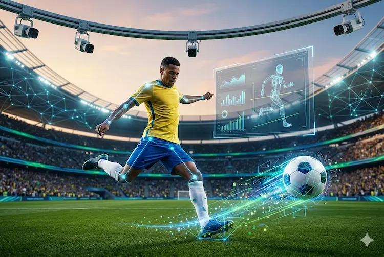 Jogador de futebol em um estádio lotado chutando uma bola que emite rastros de dados luminosos. O corpo do atleta é sobreposto por um esqueleto 3D brilhante de rastreamento. Acima dele, há um suporte curvo com câmeras de monitoramento tático, e ao fundo, um painel holográfico flutuante exibe gráficos analíticos e a silhueta digital do jogador.