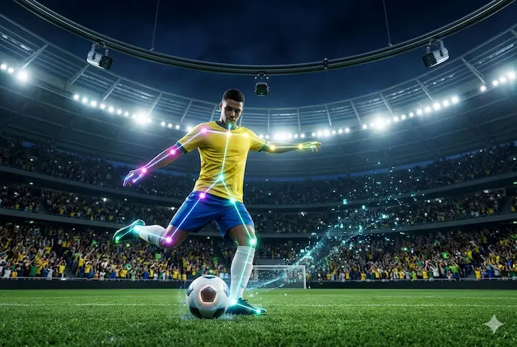 Jogador de futebol vestindo uniforme amarelo e azul realizando um chute em um est&aacute;dio moderno e lotado. O corpo do atleta possui um esqueleto hologr&aacute;fico brilhante sobreposto com pontos luminosos nas articula&ccedil;&otilde;es, ilustrando a tecnologia de rastreamento 3D. A bola deixa um rastro digital de dados no ar e, no alto, uma estrutura curva abriga c&acirc;meras t&aacute;ticas de monitoramento apontadas para o gramado.