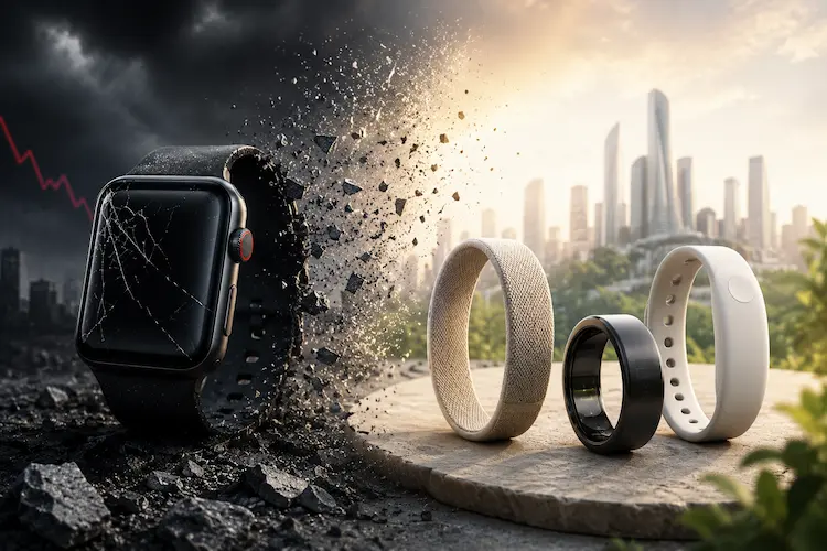 Imagem conceitual futurista mostrando a transi&ccedil;&atilde;o dos smartwatches tradicionais para vest&iacute;veis sem tela em 2026. &Agrave; esquerda, um rel&oacute;gio inteligente preto com tela rachada se desfaz em fragmentos sob um c&eacute;u escuro, simbolizando a crise dos wearables convencionais. &Agrave; direita, pulseiras e an&eacute;is tecnol&oacute;gicos minimalistas aparecem em um ambiente claro e moderno, com uma cidade futurista ao fundo, representando a ascens&atilde;o de dispositivos discretos, focados em bem-estar e tecnologia invis&iacute;vel.