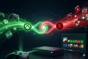 Ilustração cinematográfica fotorrealista representando a parceria estratégica entre Microsoft e Netflix. Ao centro, os logotipos do Xbox e da Netflix estão conectados por trilhas de energia brilhantes nas cores verde e vermelho que se fundem em um redemoinho de luz. No primeiro plano, um console Xbox Series e um controle sem fio. Ao fundo, uma Smart TV exibe uma interface de jogos e filmes, simbolizando a união entre o streaming de vídeo e o Xbox Game Pass em um ecossistema unificado.