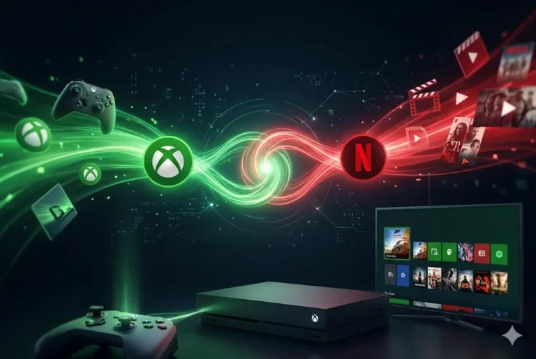 Ilustra&ccedil;&atilde;o cinematogr&aacute;fica fotorrealista representando a parceria estrat&eacute;gica entre Microsoft e Netflix. Ao centro, os logotipos do Xbox e da Netflix est&atilde;o conectados por trilhas de energia brilhantes nas cores verde e vermelho que se fundem em um redemoinho de luz. No primeiro plano, um console Xbox Series e um controle sem fio. Ao fundo, uma Smart TV exibe uma interface de jogos e filmes, simbolizando a uni&atilde;o entre o streaming de v&iacute;deo e o Xbox Game Pass em um ecossistema unificado.